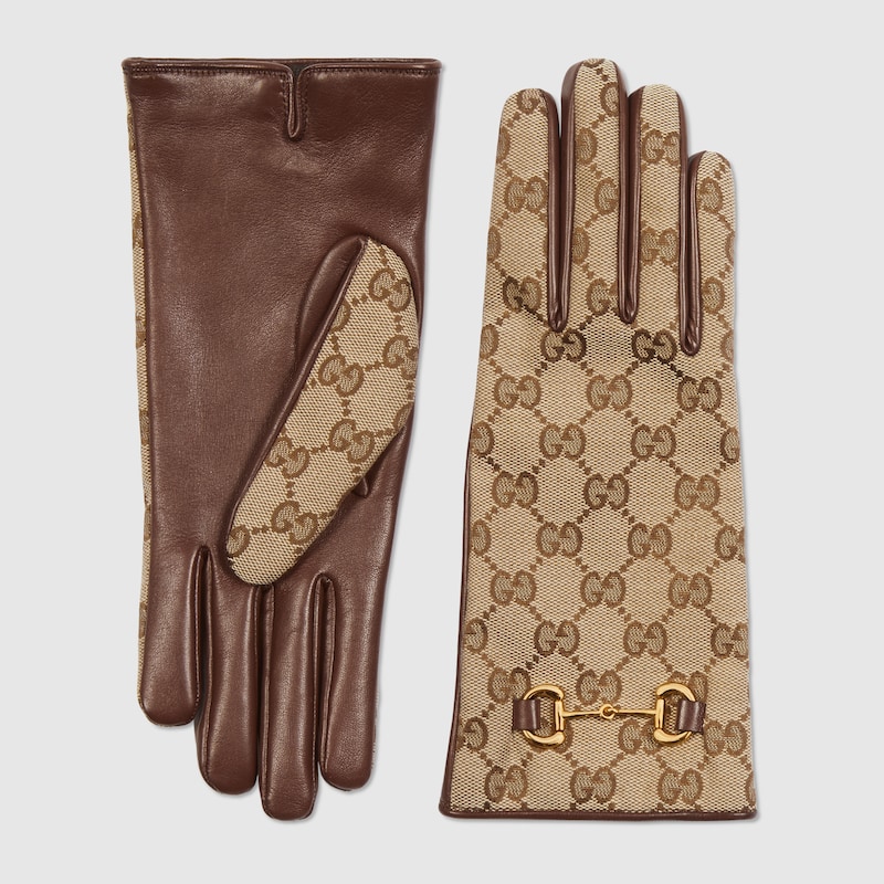 Beige and brown Gucci GG Canvas Gloves With Horsebit 