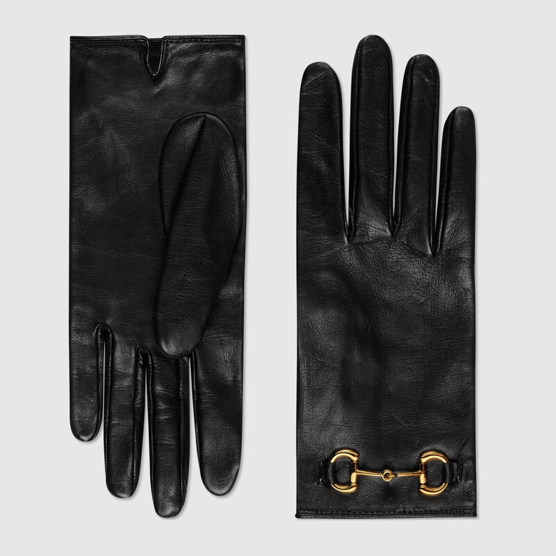 Black and gold Gucci Leather gloves with Horsebit