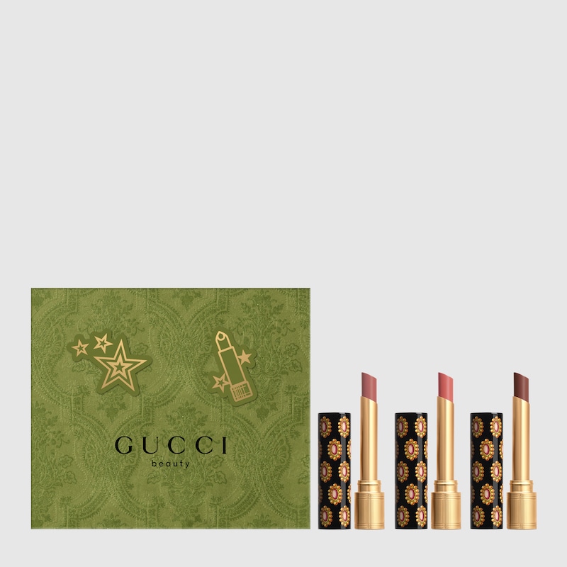 Green, gold, black, pink and brown Gucci Rouge De Beauté Brillant Lipsticks Trio Gift Set 