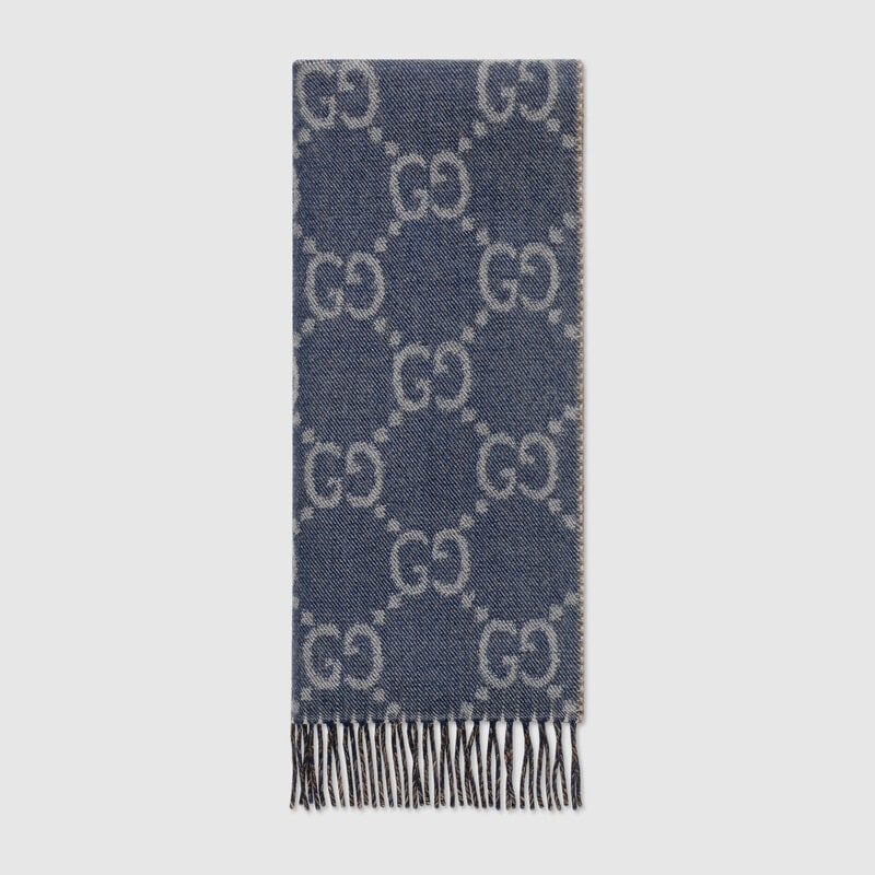 Navy and light brown Gucci GG jacquard knit scarf with tassels 