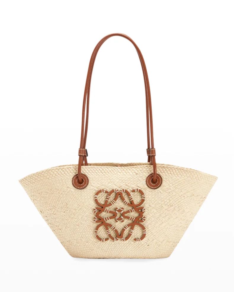 Beige and tan Loewe x Paula's Ibiza Anagram Small Straw Basket Tote Bag 