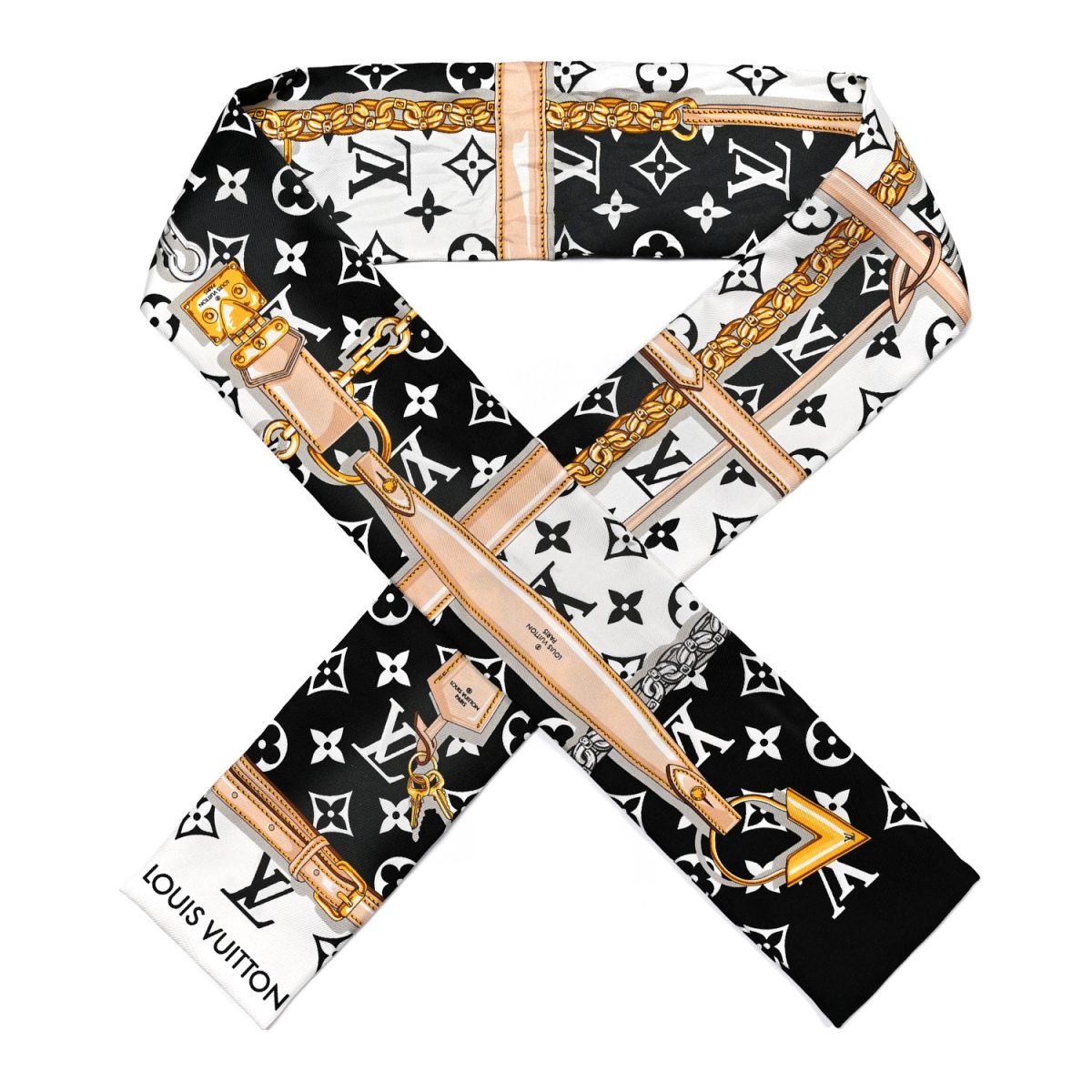 White, black, gold, and pale pink Louis Vuitton Silk Monogram Confidential Bandeau