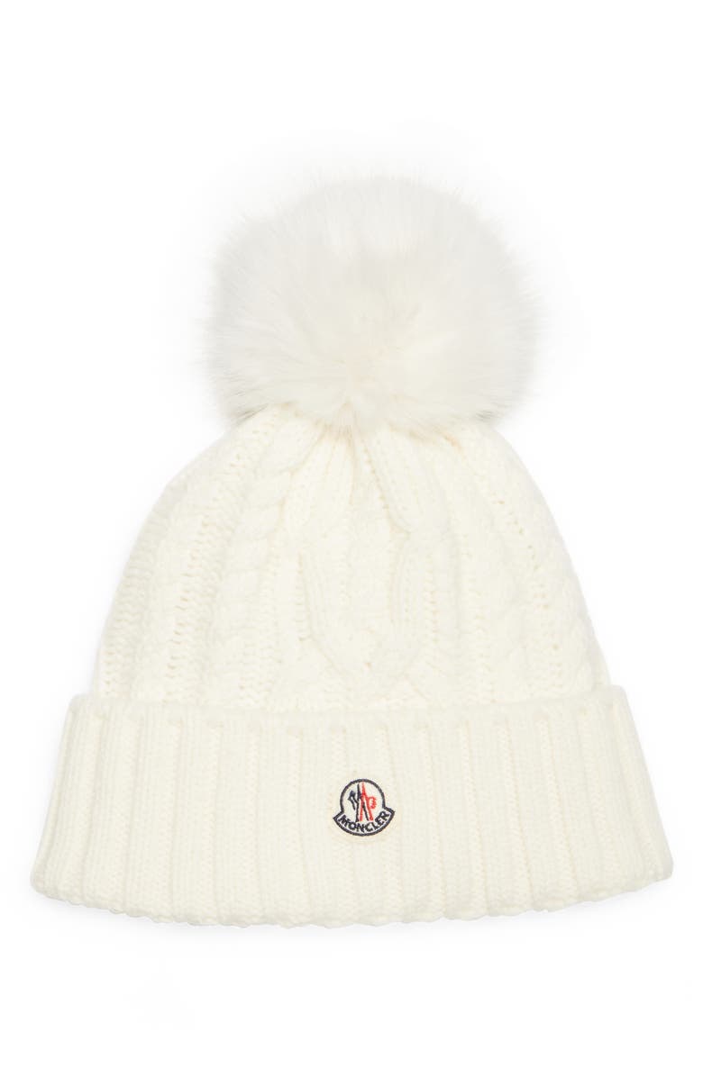 White Moncler Virgin Wool & Cashmere Rib Beanie with Faux Fur Pompom 