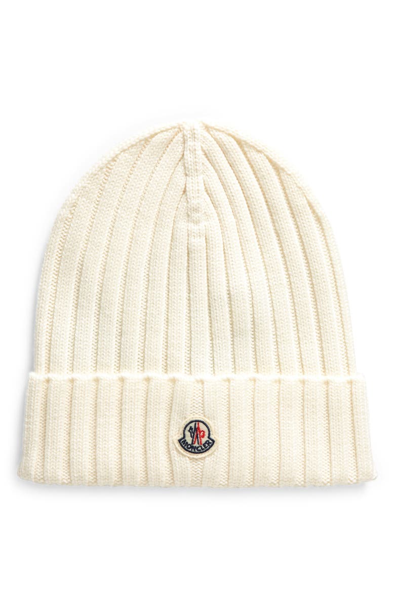 White Moncler Logo Patch Cuff Virgin Wool Rib Beanie 