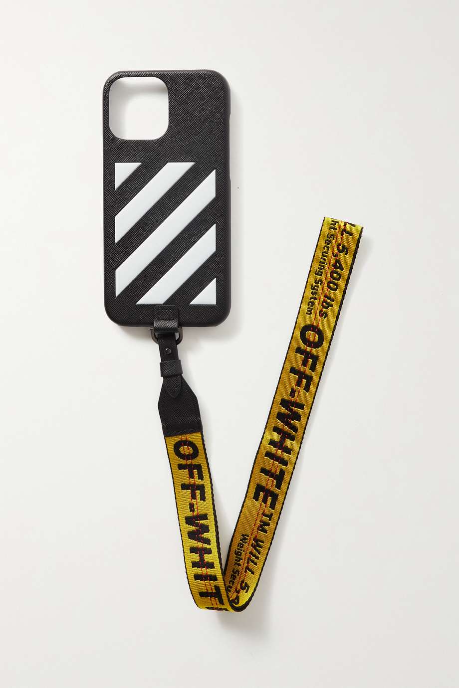 Black, white, and yellow Off White Blinder printed PVC iPhone 13 Max 