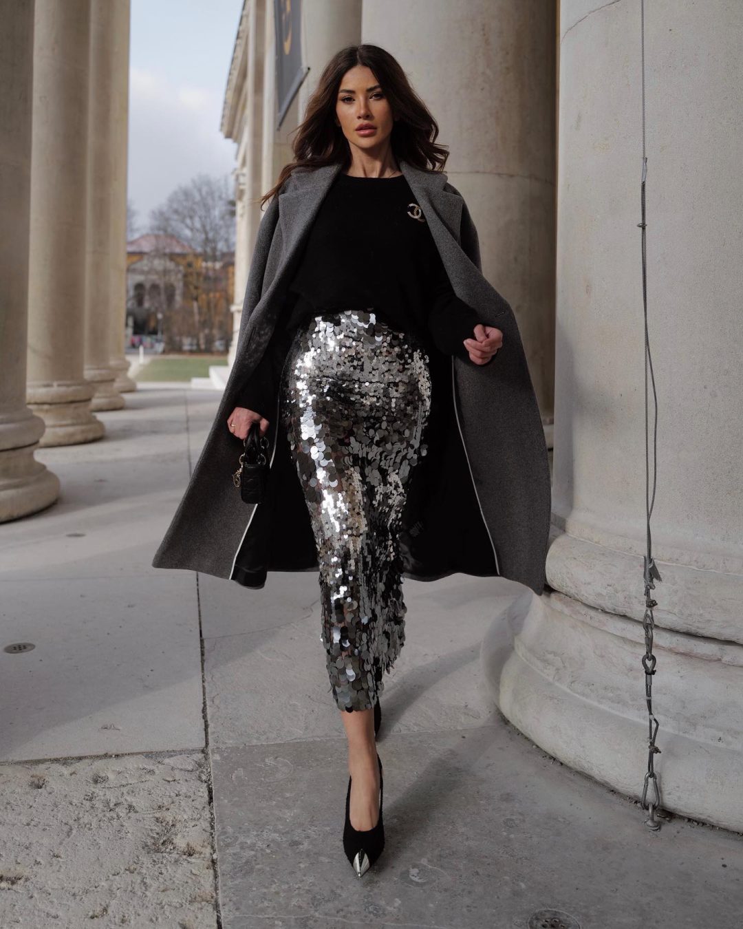 Long silver sequin skirt outfit with grey coat