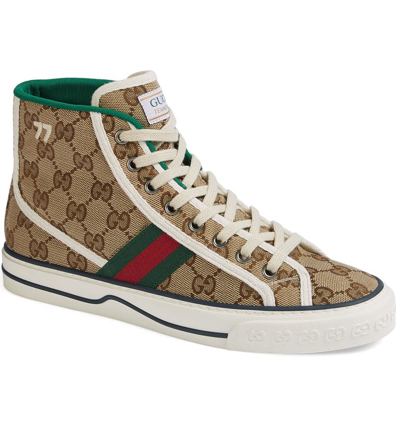 Camel, brown, green, white, and red Gucci Tennis 1977 High Top Platform Sneaker 