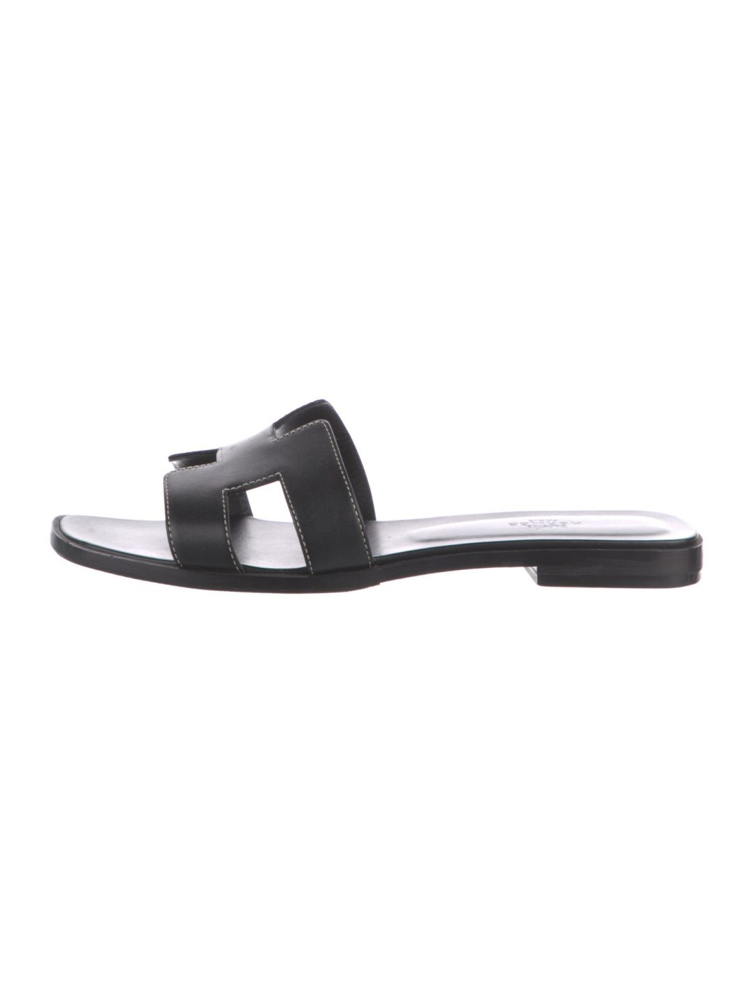 Black Hermes Oran Leather Slides 