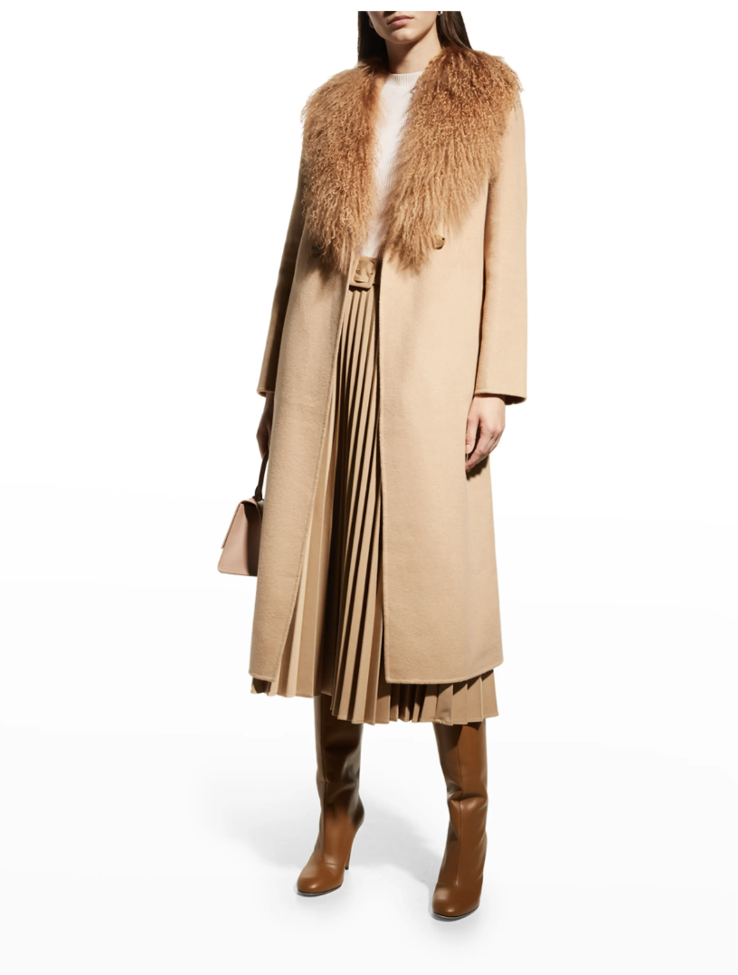 Cashmere VS Alpaca: Camel cashmere coat with fur collar