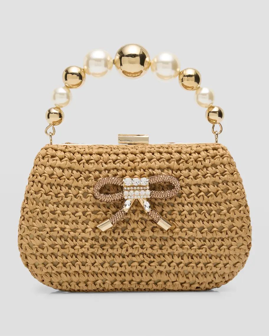 Beige, white, and gold BTB Los Angeles Bijou Bow Beaded Raffia Top-Handle Bag 