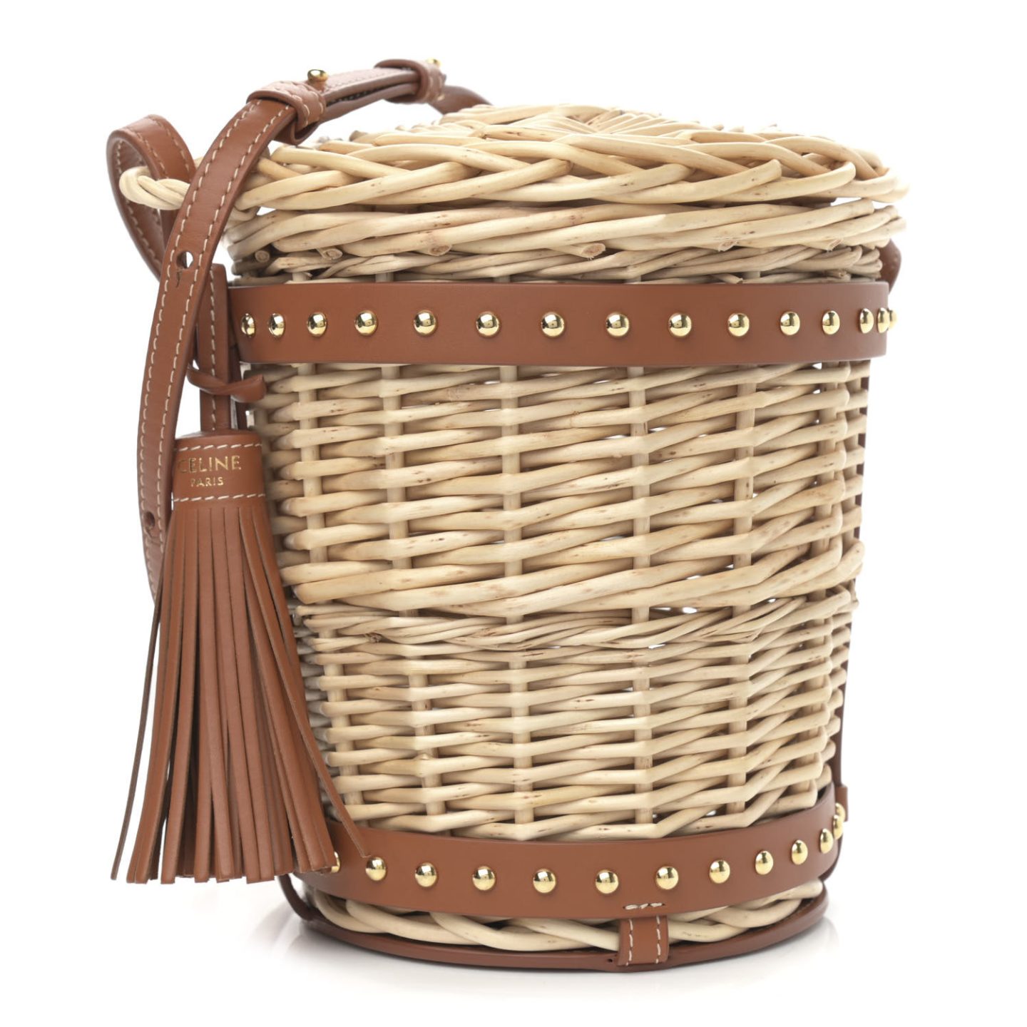 Beige and brown Celine Wicker Calfskin Mini Panier Bucket Bag 