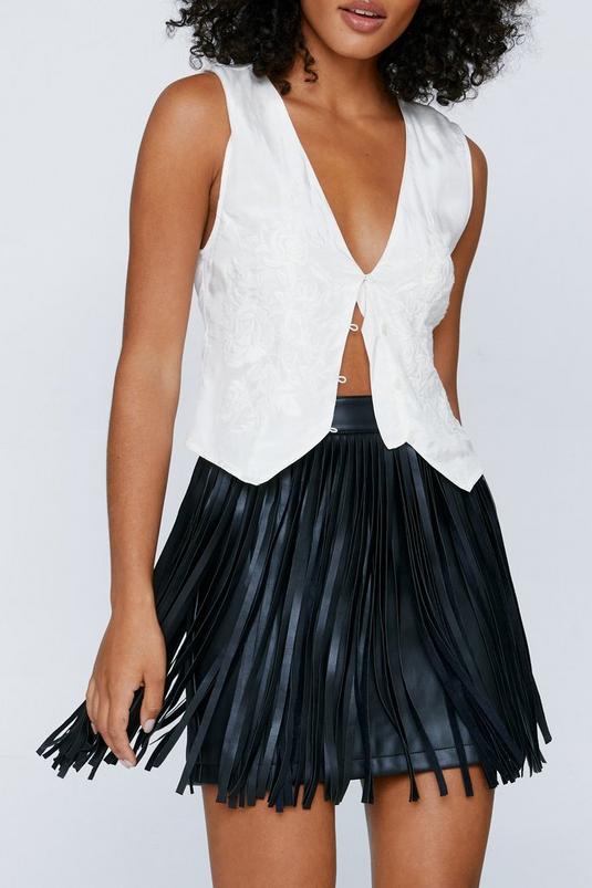 Black Nasty Gal Premium Faux Leather Fringe Mini Skirt 