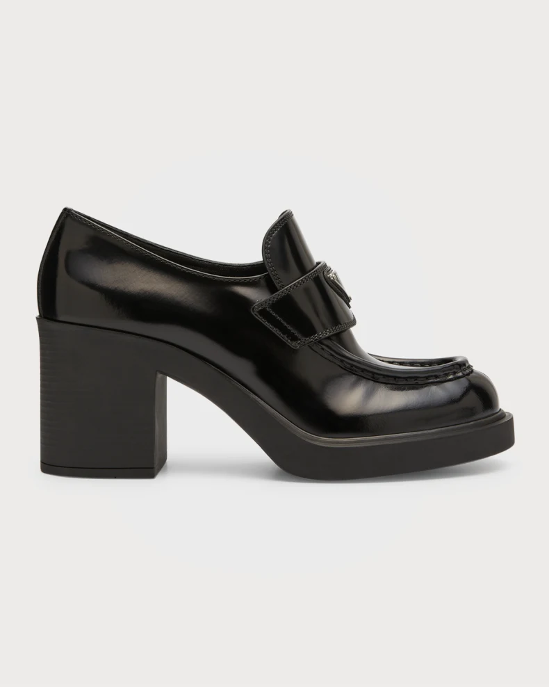 Black Prada Chocolate high-heeled brushed leather loafers 