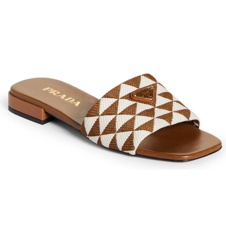 Tan and white Prada Logo Slide Sandal 