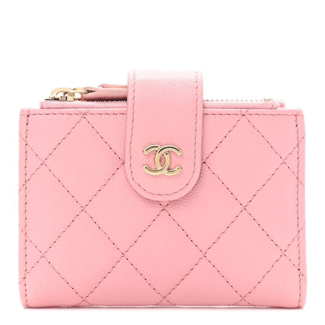 Pink Chanel Caviar Quilted Compact Zipped Pocket Wallet 