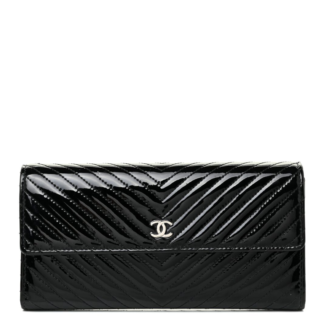 Black Chanel Patent Chevron Quilted Large Gusset Flap Wallet 