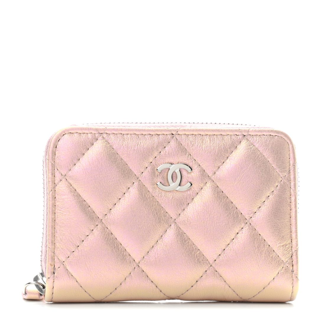Pink and champagne Chanel Metallic Calfskin Quilted Zip Around Coin Purse Wallet 