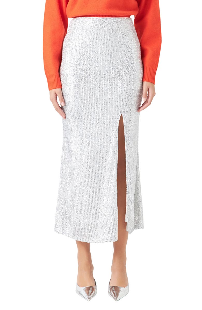 Silver Endless Rose Sequin Midi Skirt 