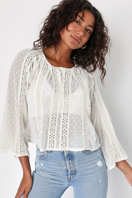 White Lulus Sheer Charm Ivory Lace Swiss Dot Three-Quarter Sleeve Top 