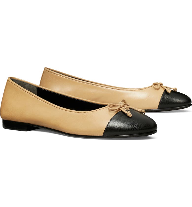 Beige and black Tory Burch Bow Logo Cap Toe Ballet Flat 