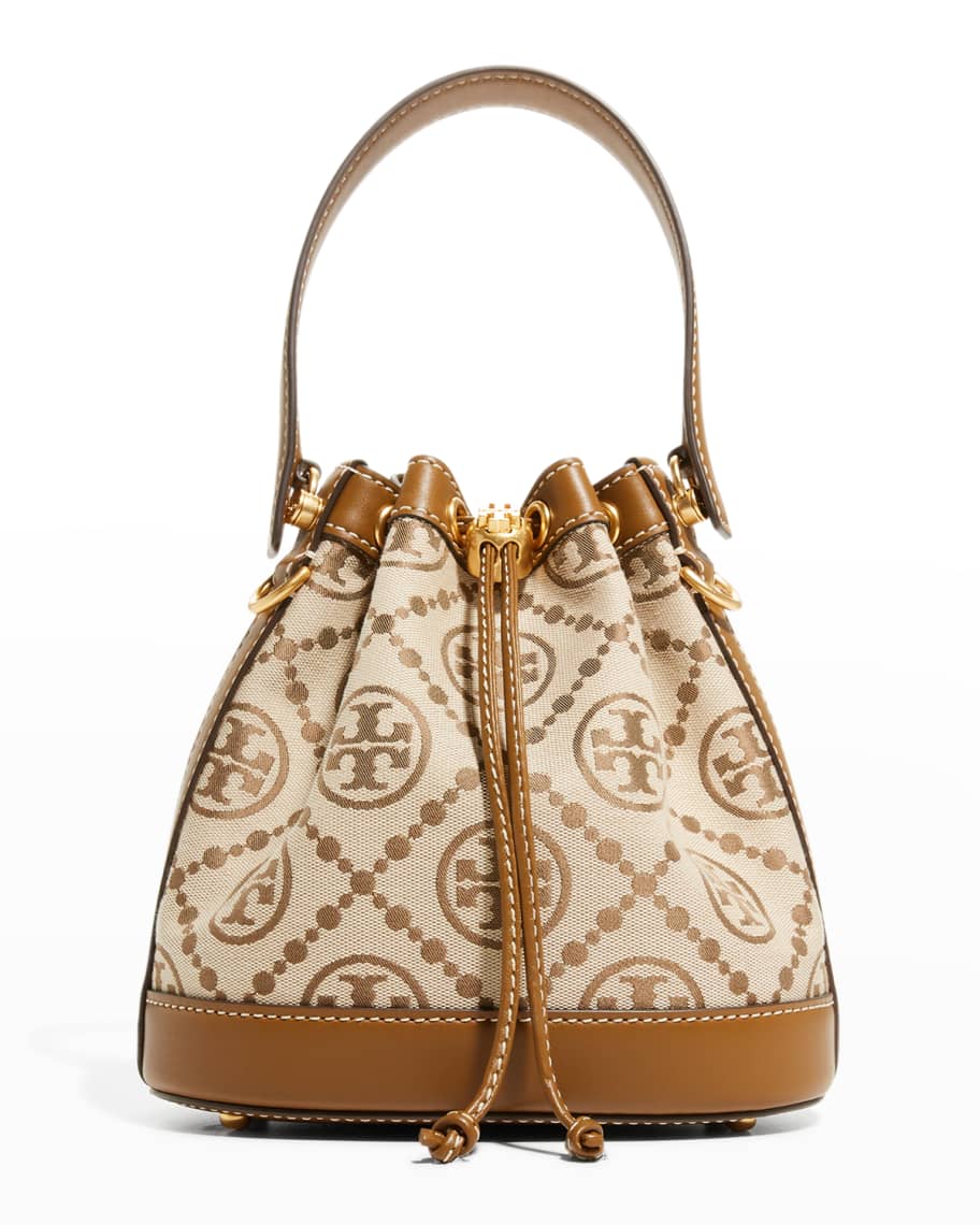 Beige and tan Tory Burch T Monogram Jacquard Crossbody Bucket Bag 