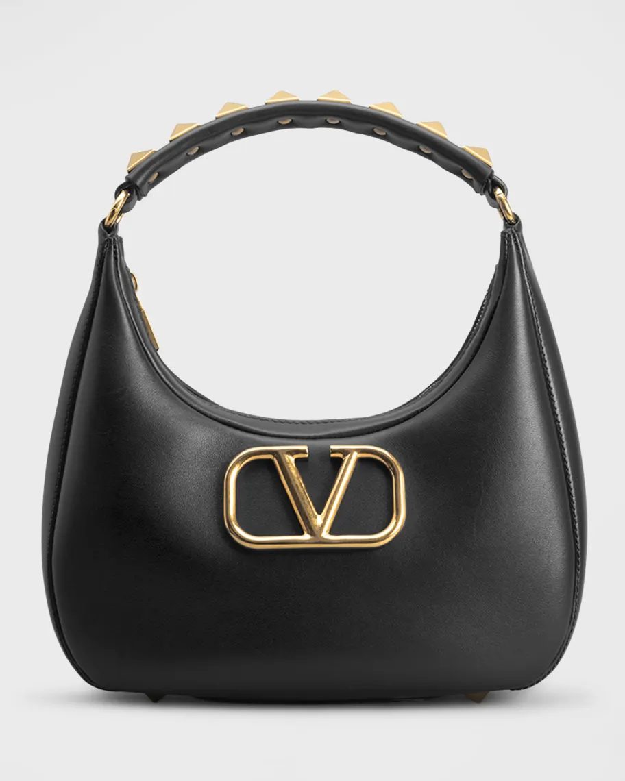 Black and gold Valentino Garavani VLOGO Roman Stud Zip Calfskin Hobo Bag 