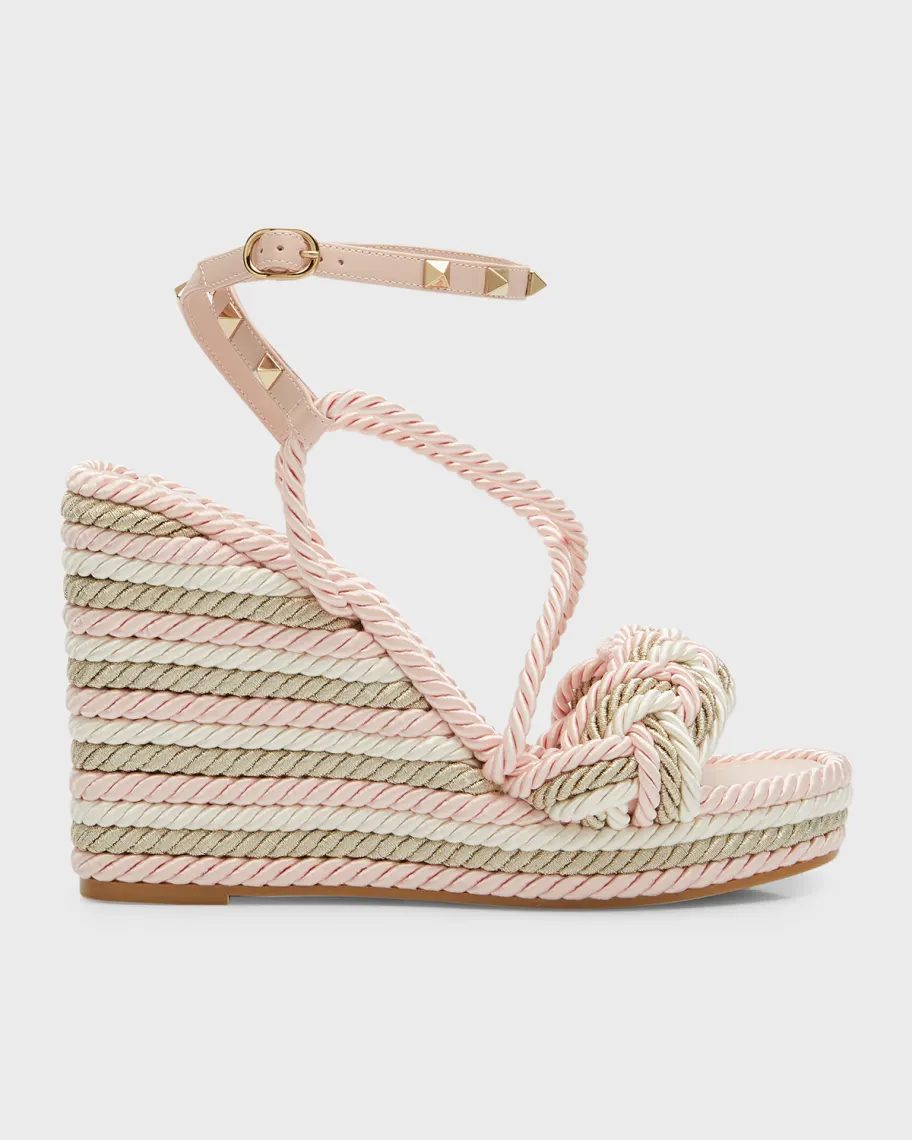 White, pink, and green Valentino Garavani Rockstud Multicolored Rope Wedge Espadrilles 