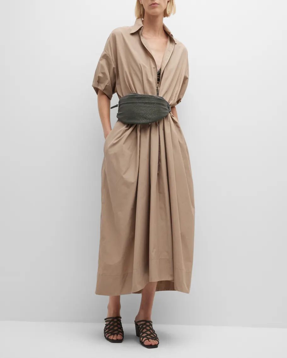 Beige Brunello Cucinelli Drawstring-Waist Techno Crispy Maxi Shirtdress With Monili Pull-Tab