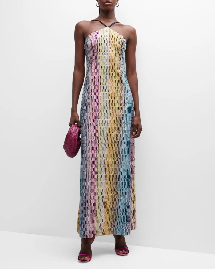 Black, pink, yellow, and blue Missoni Cutout Wavy Jacquard Halter Maxi Dress 