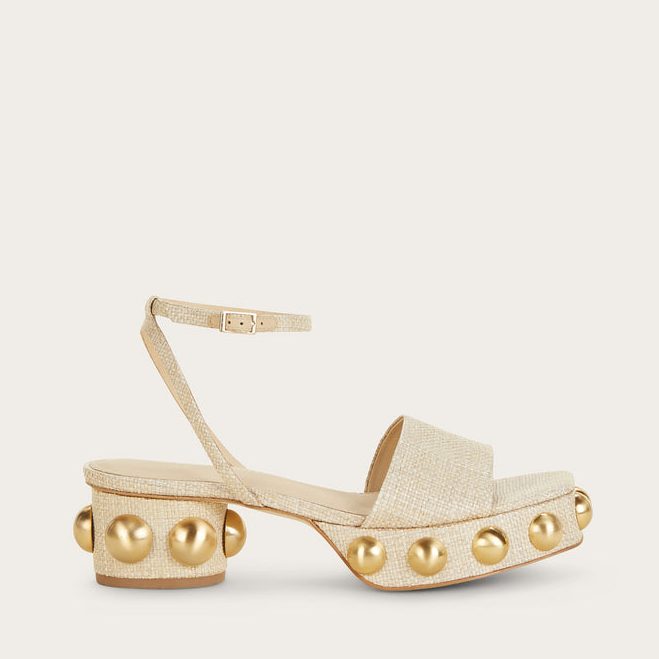 Cult Gaia Beige and Gold Sybil Block Heel Sandals