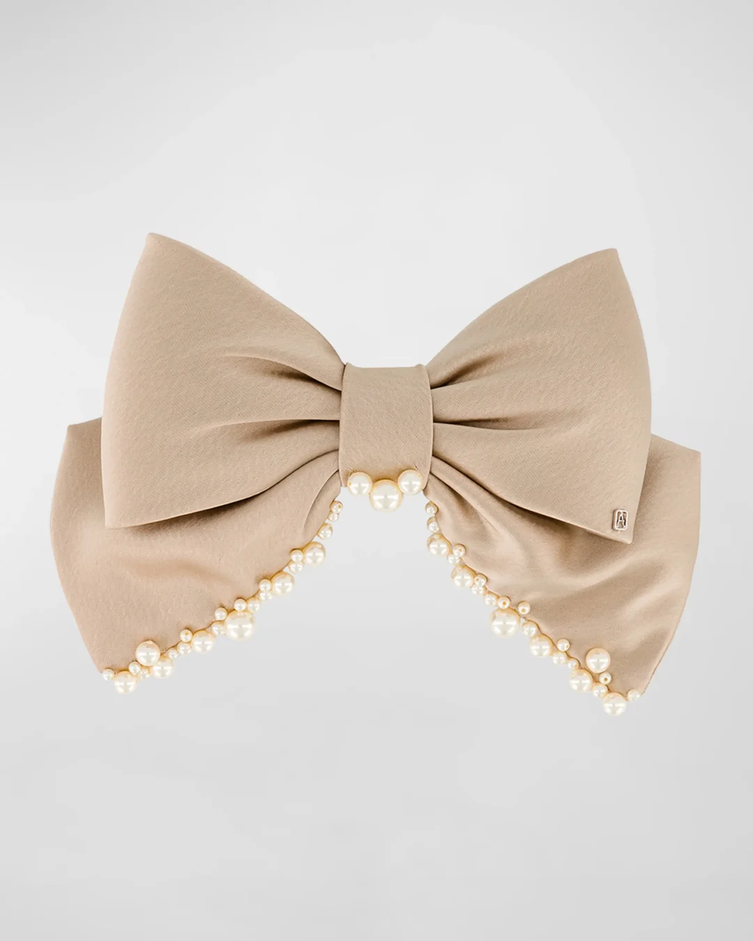 Alexandre De Paris Satin Beige Bow Barrette with Pearls