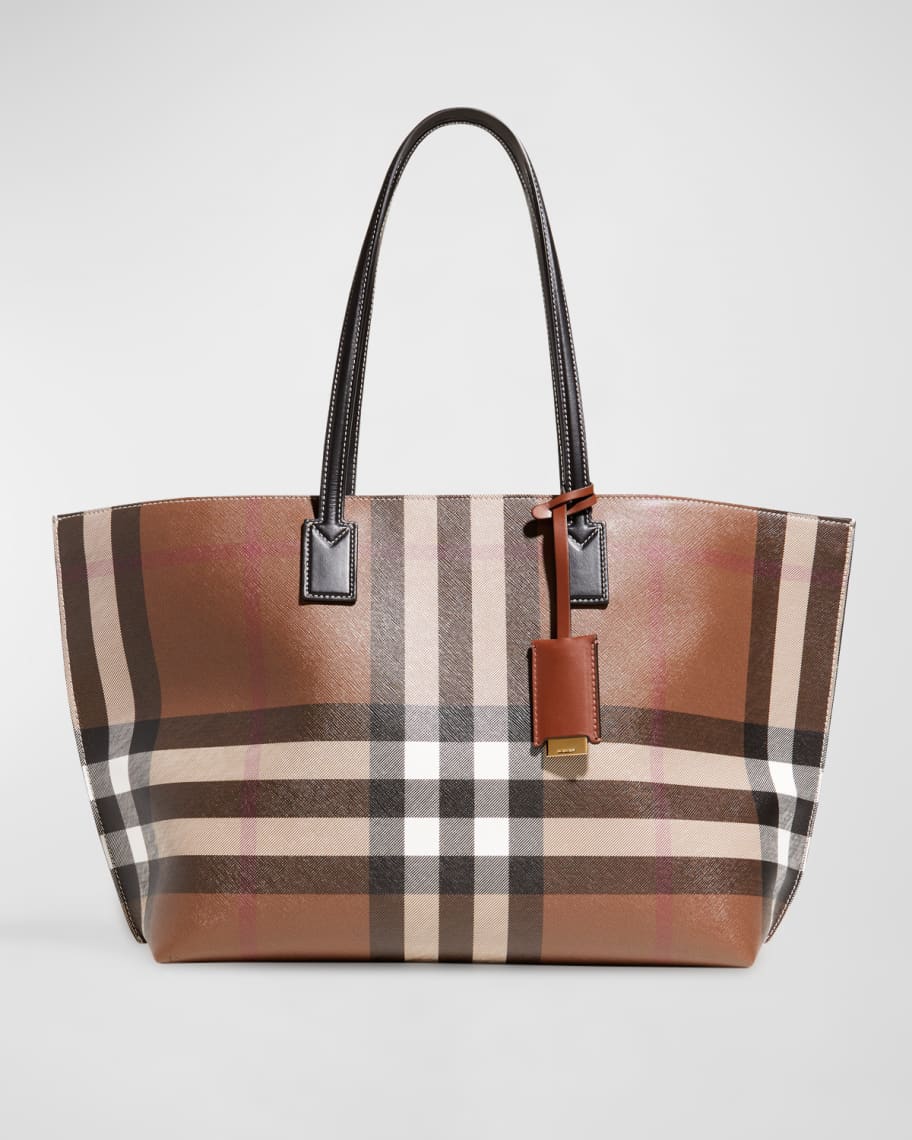 Brown, white, and black Burberry Check E-Canvas Tote Bag 