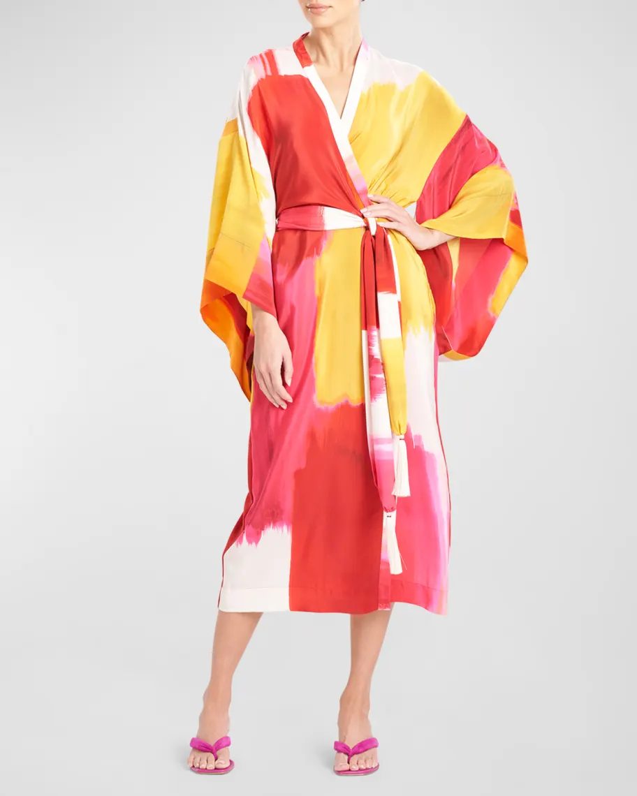 White, red, and yellow Josie Natori Bohol Printed Kimono-Sleeve Silk Robe 