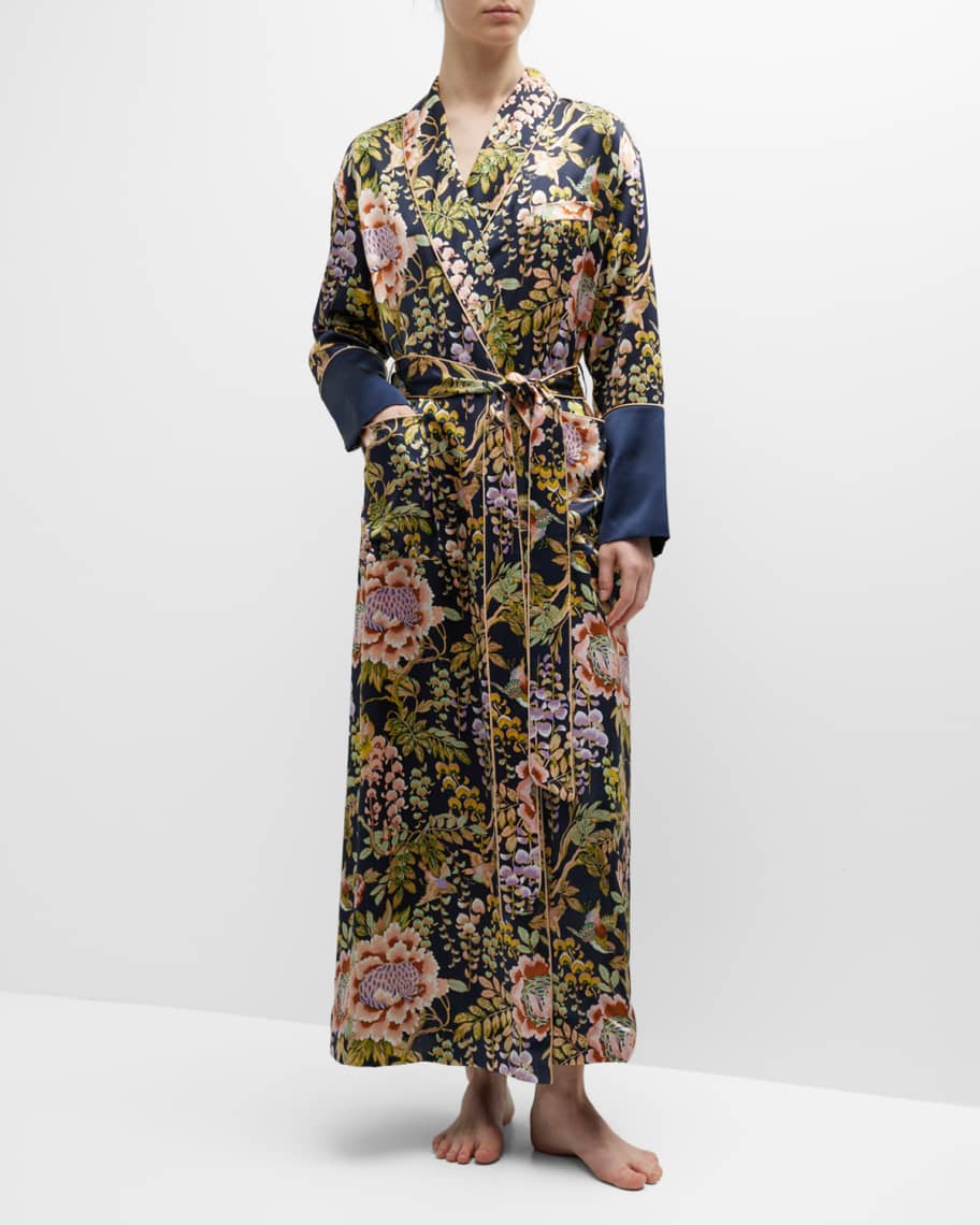 Navy, pink, purple, and green Olivia Von Halle Capability Long Floral-Print Silk Robe 