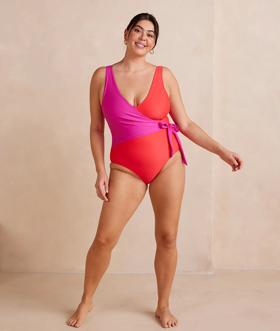 Pink and red colorblock slimming swimsuit