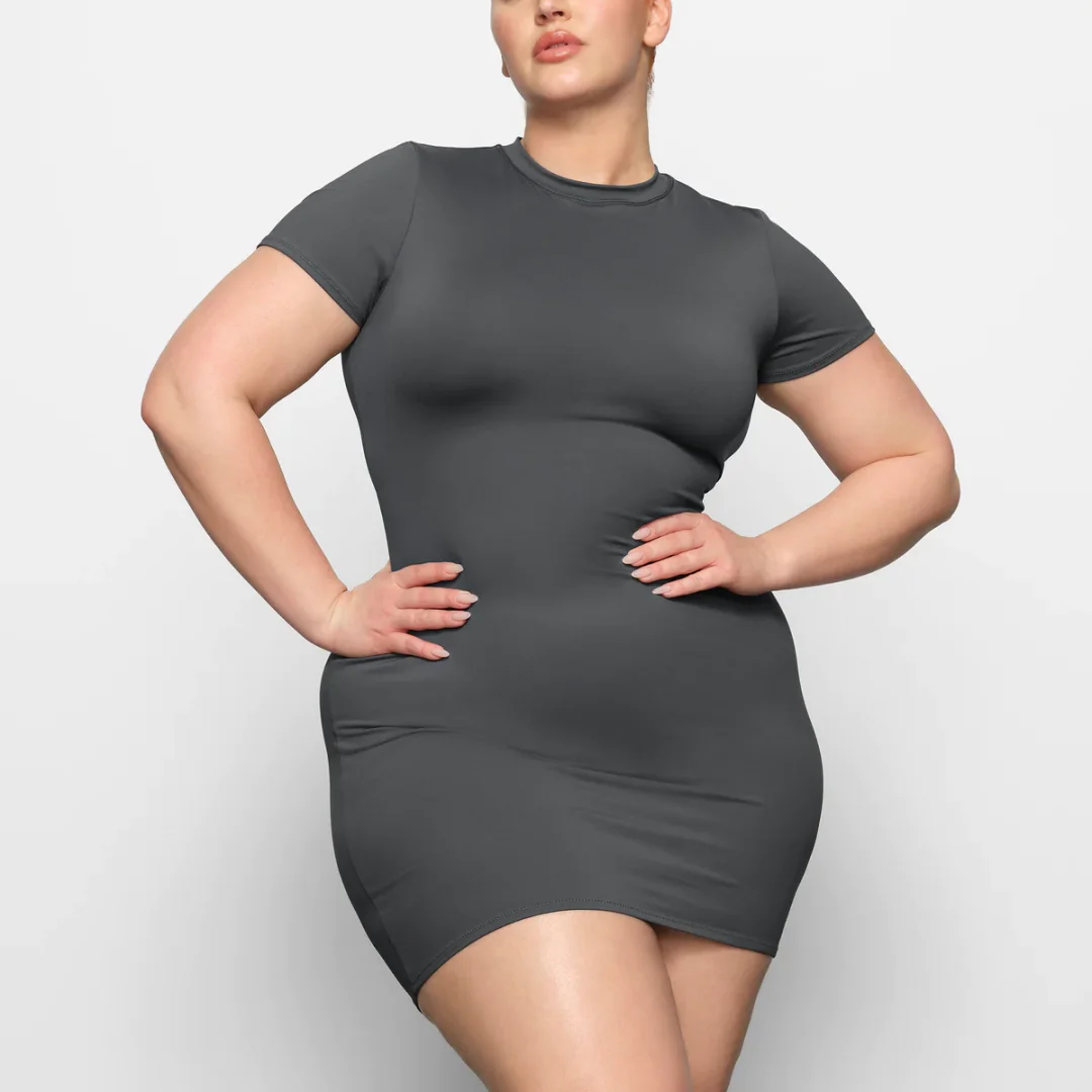 Dark grey swim dress that covers tighs and shoulders