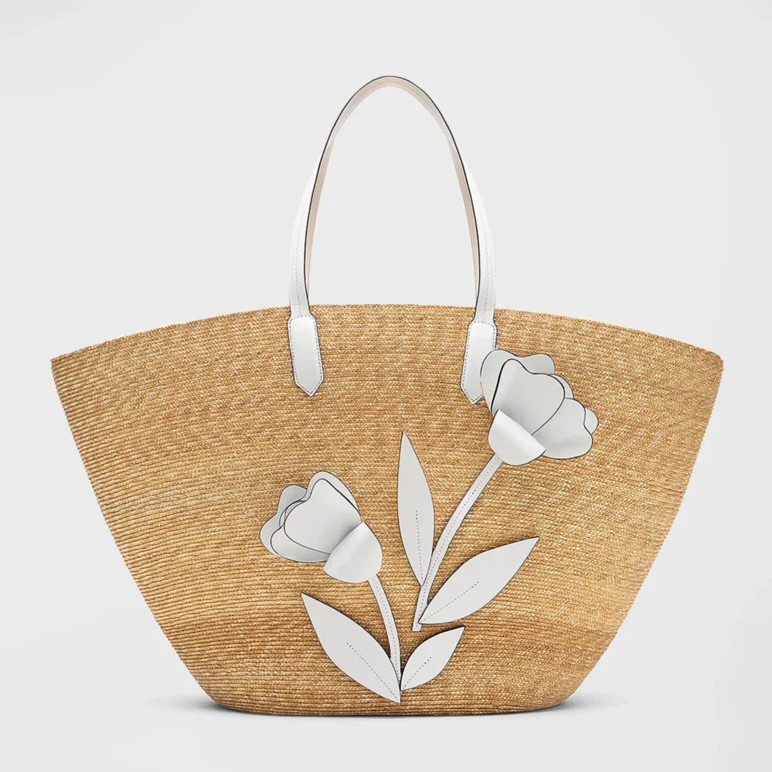 Oscar De La Renta Large Tulip Embellished Straw Tote Bag