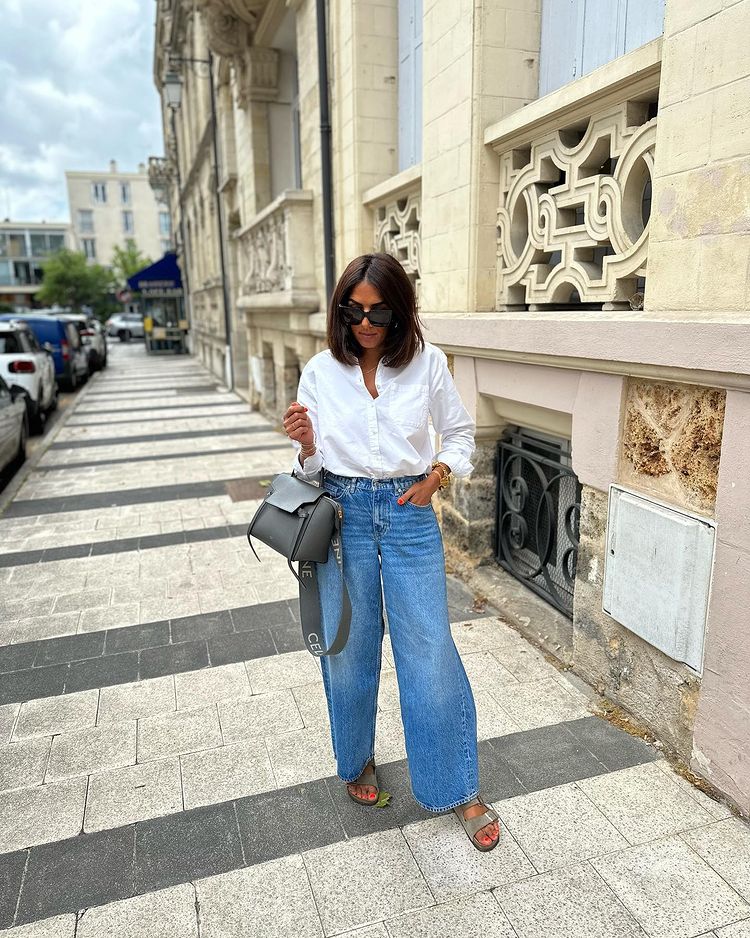 Baggu blue jeans outfit with white shirt