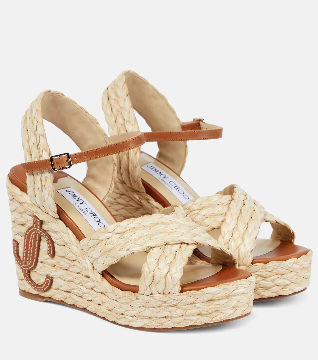 Beige Jimmy Choo Dellena 100 raffia wedge sandals