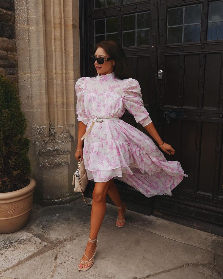 Chic baptism outfit with pink floral dress with half sleeves