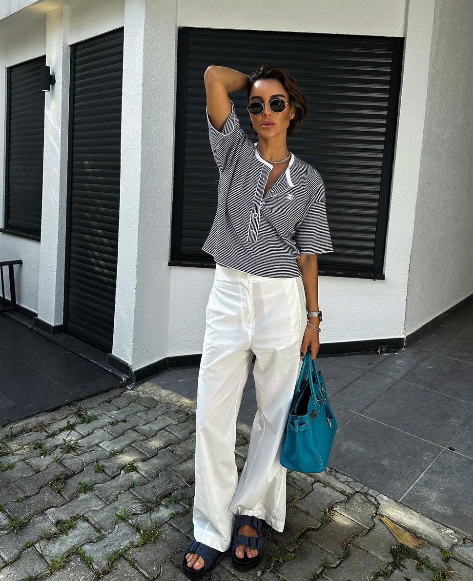 Cute and casual summer outfit with striped tee and white pants