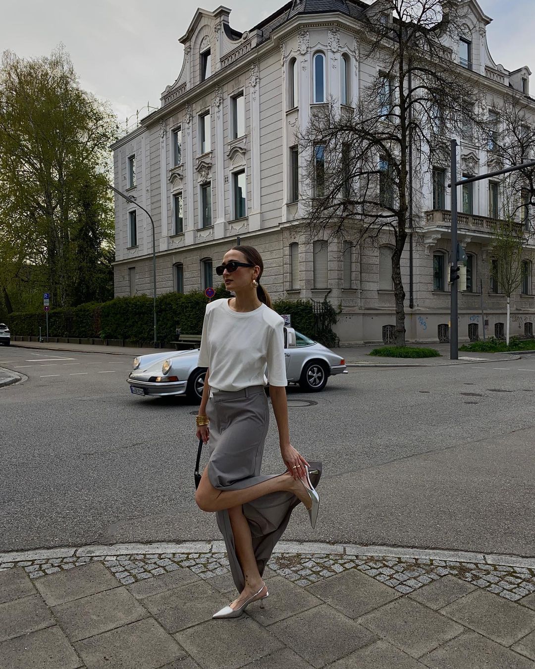 Elegant grey skirt outfit with white tee