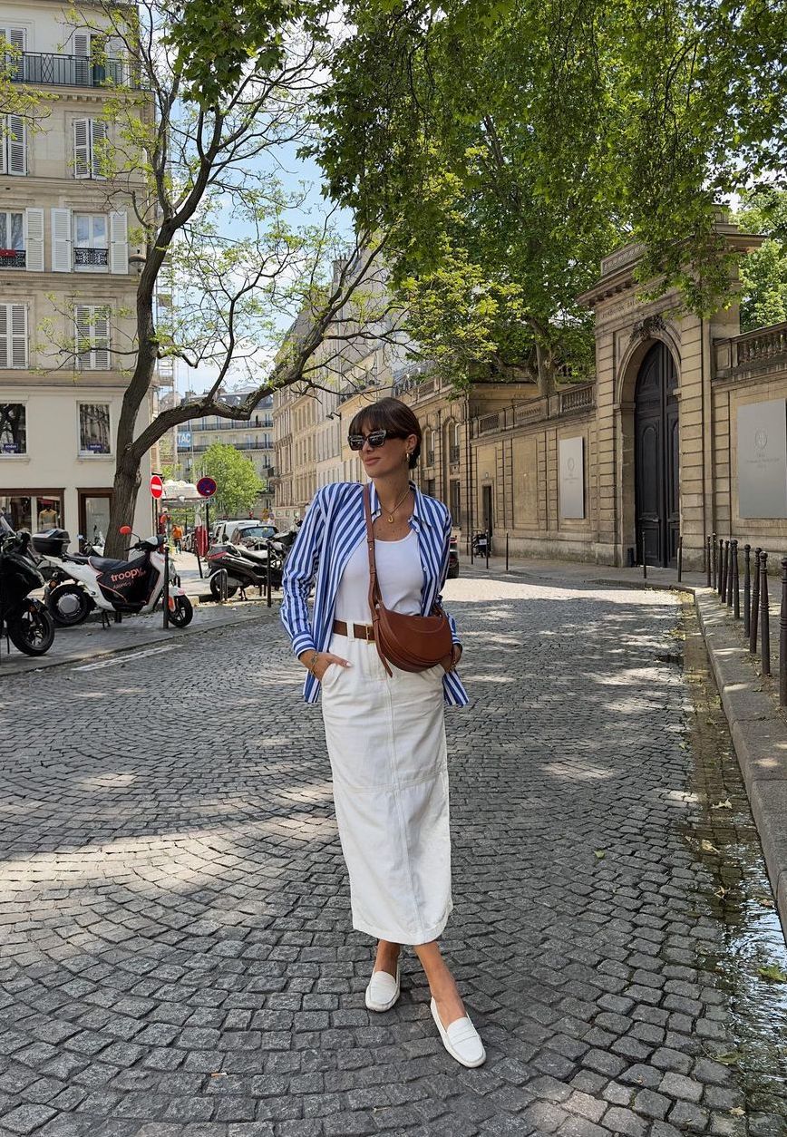 Chic blue stripe shirt outfit with white long denim skirt