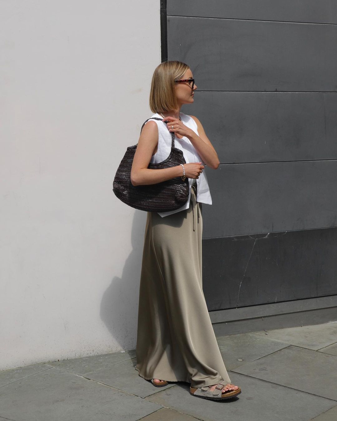 Chic olive green maxi skirt outfit with Birkenstocks