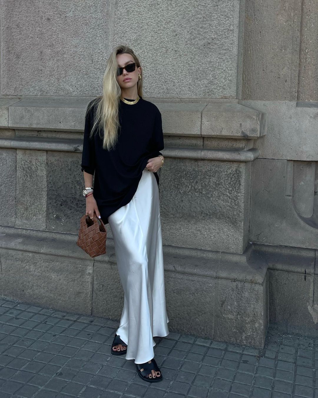 Casual white satin maxi skirt outfit with black t-shirt