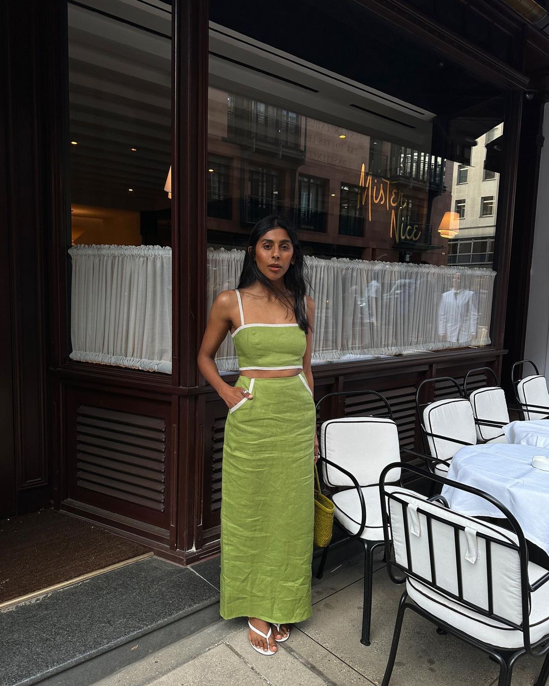 Matching light green co-ord set with maxi skirt and bralette