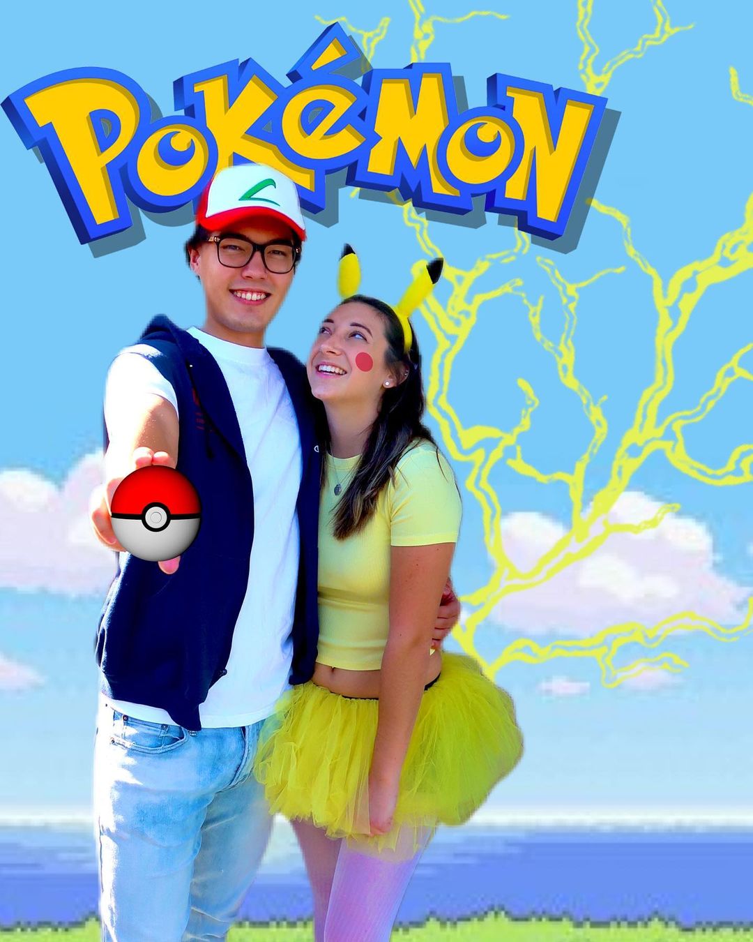 Cute Ash and Pikachu from Pokemon Halloween couples costume