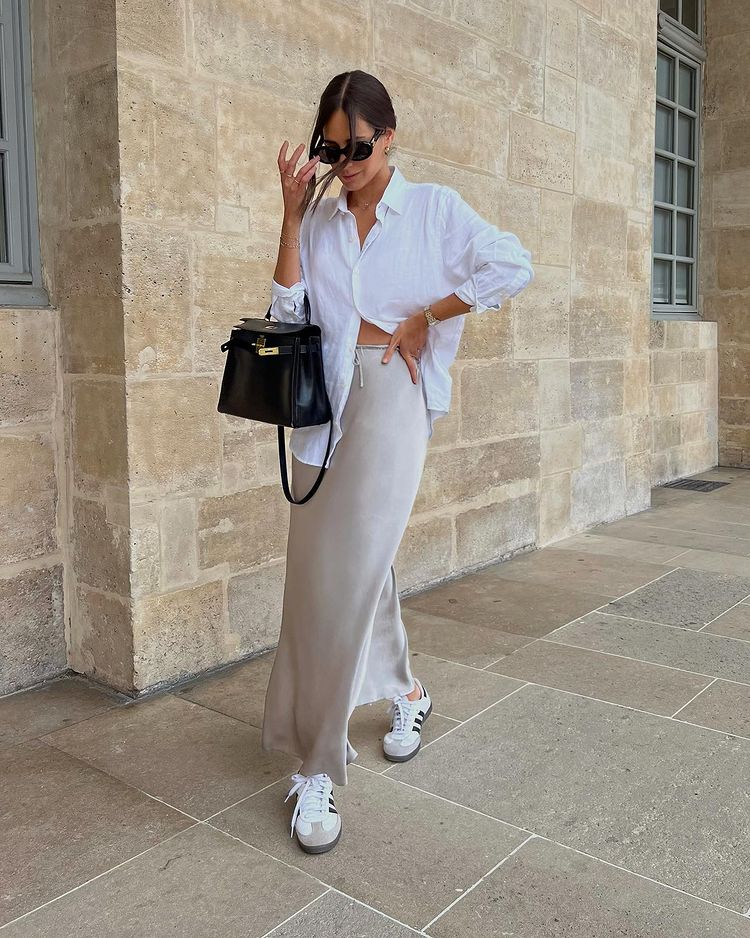 Long cream satin skirt outfit with white button up