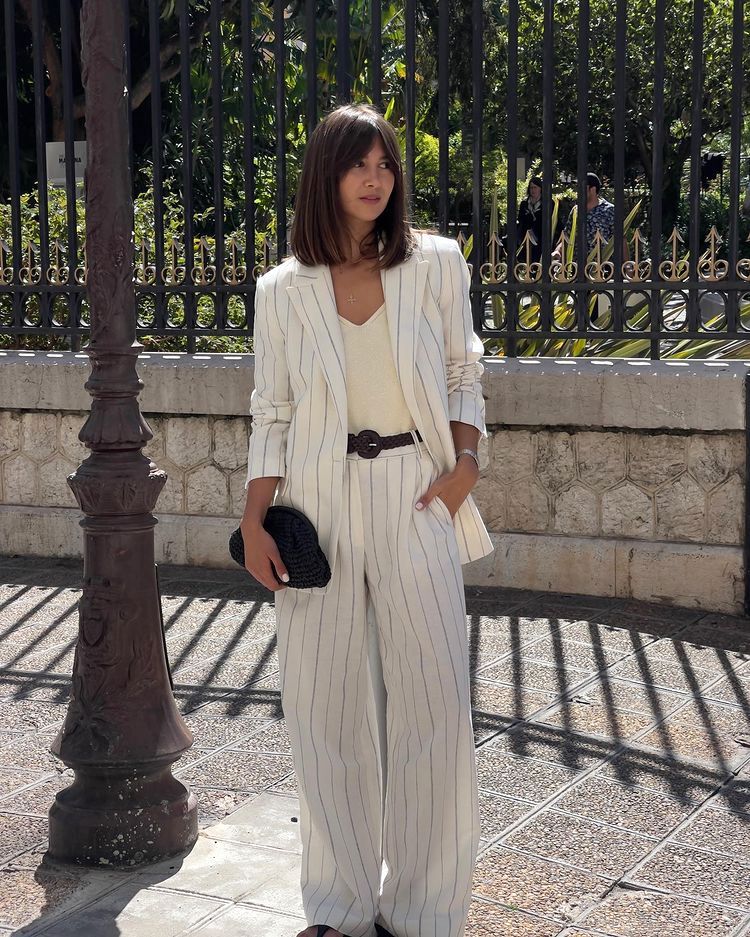 Chic white striped blazer outfit with striped wide leg pants