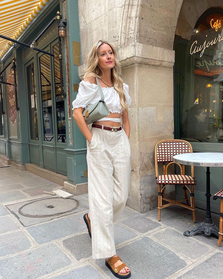 Casual summer outfit with striped pants and dad sandals